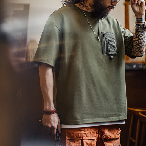 Men’s Vintage Green Pocket Tee – Heavyweight Cotton Summer T-Shirt